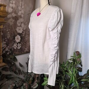 We The Free Free People White Ruched Puff Long Sleeve Slub Knit Top Large